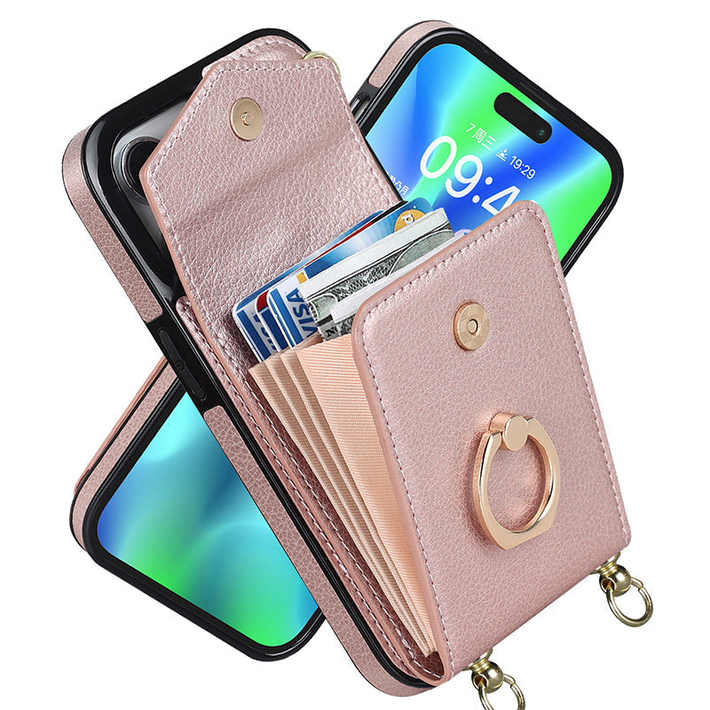 Leather Wallet Case with Ring & Lanyard For iPhone
